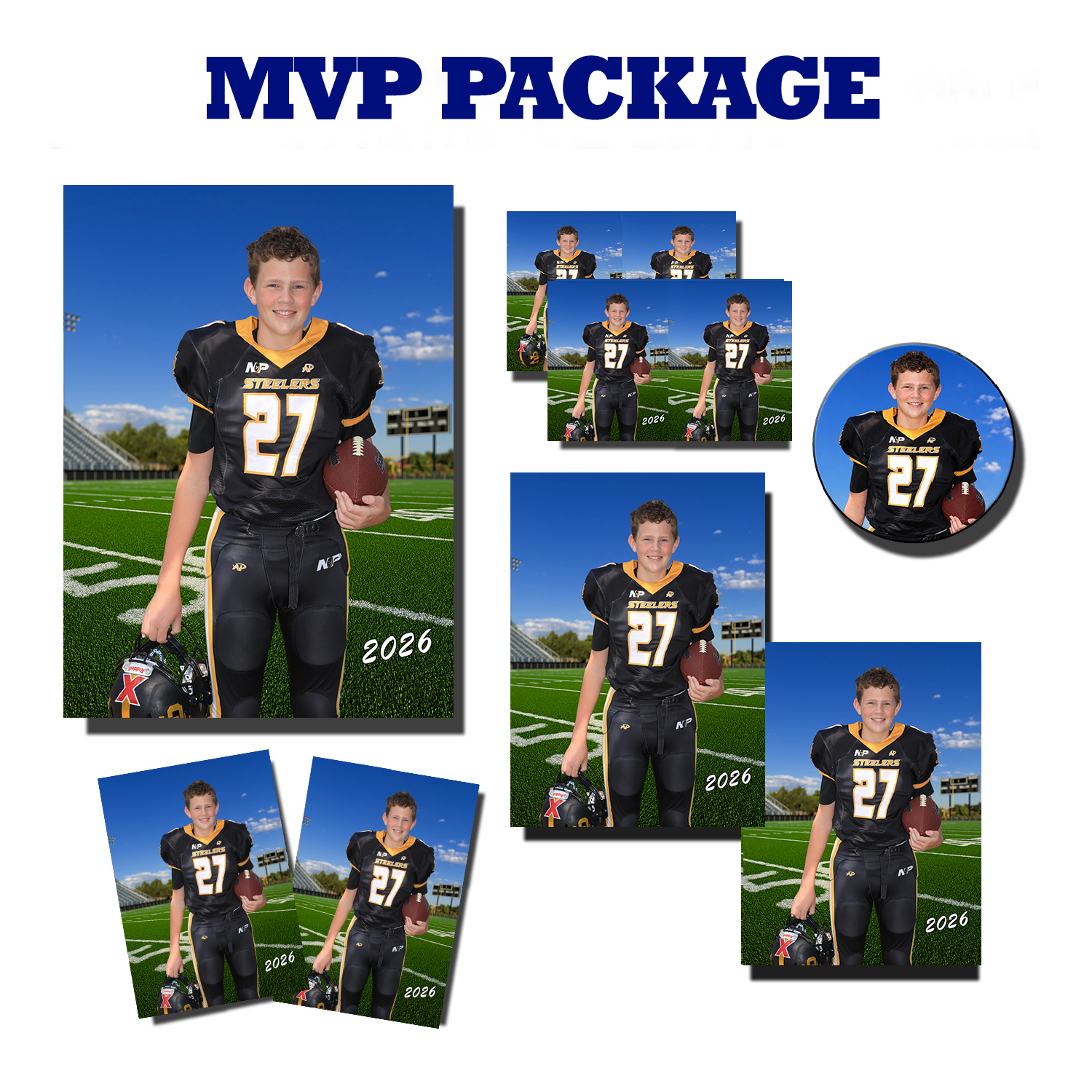 (1) 8x10, (2) 5x7, (2) 3.5x5 Prints, (4) Wallets & (1) Standard Button